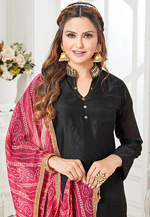 Embroidered Chanderi Silk Pakistani Suit in Black