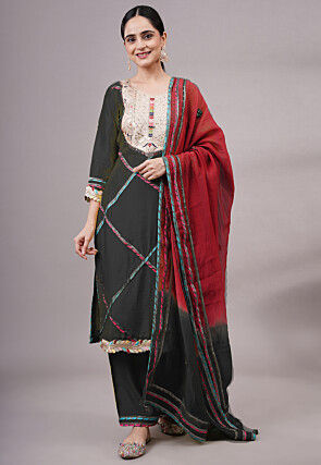 Embroidered Chanderi Silk Pakistani Suit in Black