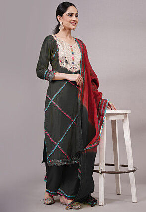 Embroidered Chanderi Silk Pakistani Suit in Black