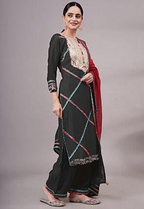 Embroidered Chanderi Silk Pakistani Suit in Black