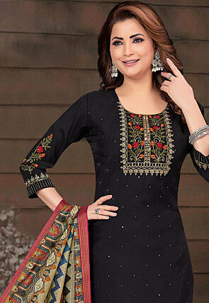 Embroidered Chanderi Silk Pakistani Suit in Black