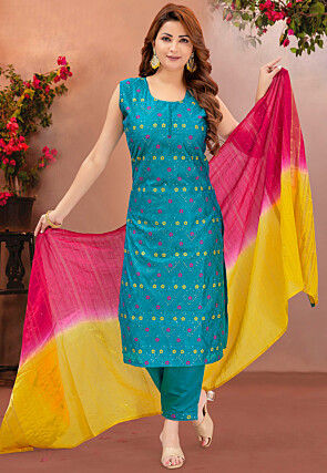 Embroidered Chanderi Silk Pakistani Suit in Blue