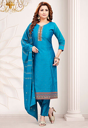 Embroidered Chanderi Silk Pakistani Suit in Blue