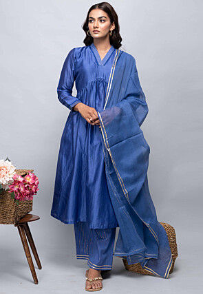 Embroidered Chanderi Silk Pakistani Suit in Blue