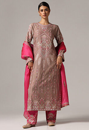 Embroidered Chanderi Silk Pakistani Suit in Brown