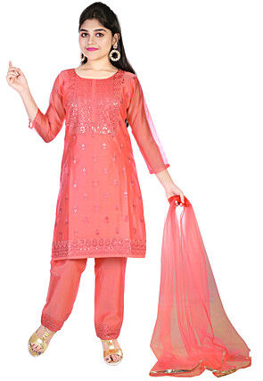 Embroidered Chanderi Silk Pakistani Suit in Coral Pink