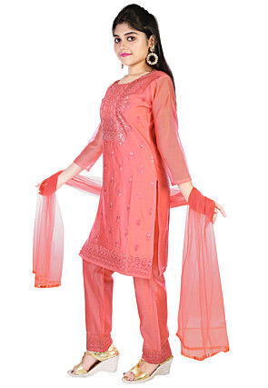 Embroidered Chanderi Silk Pakistani Suit in Coral Pink