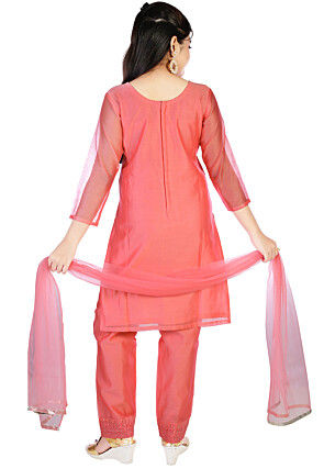 Embroidered Chanderi Silk Pakistani Suit in Coral Pink