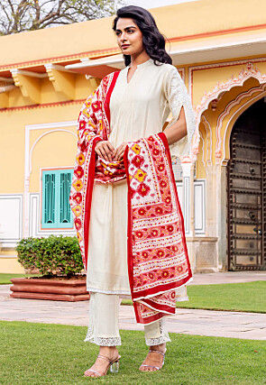 Embroidered Chanderi Silk Pakistani Suit in Cream