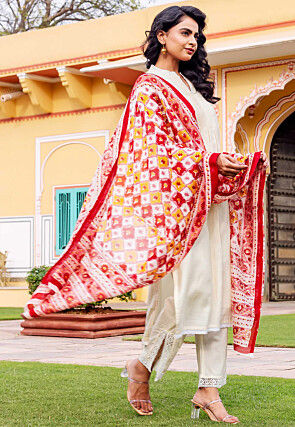 Embroidered Chanderi Silk Pakistani Suit in Cream