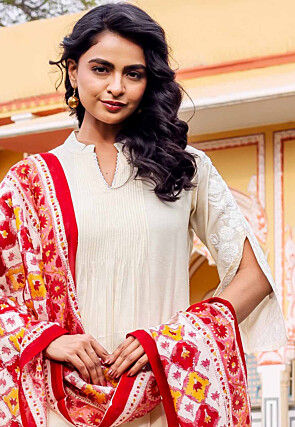 Embroidered Chanderi Silk Pakistani Suit in Cream