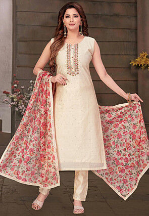 Embroidered Chanderi Silk Pakistani Suit in Cream