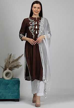Embroidered Chanderi Silk Pakistani Suit in Dark Brown