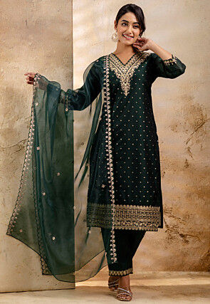 Embroidered Chanderi Silk Pakistani Suit in Dark Green