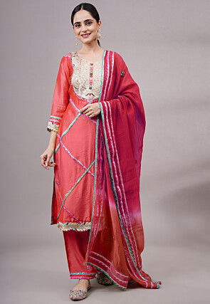 Embroidered Chanderi Silk Pakistani Suit in Dark Peach