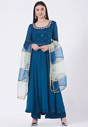 Embroidered Chanderi Silk Pakistani Suit in Dark Teal Blue