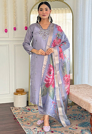 Embroidered Chanderi Silk Pakistani Suit in Dusty Blue