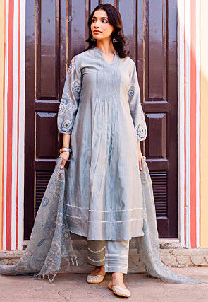 Embroidered Chanderi Silk Pakistani Suit in Dusty Blue