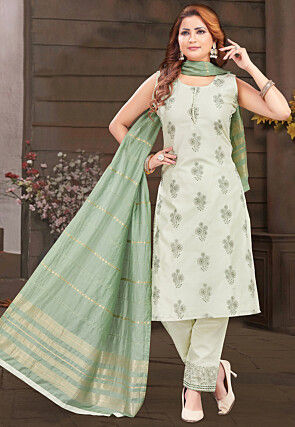 Embroidered Chanderi Silk Pakistani Suit in Dusty Green