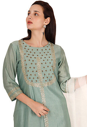 Embroidered Chanderi Silk Pakistani Suit in Dusty Green