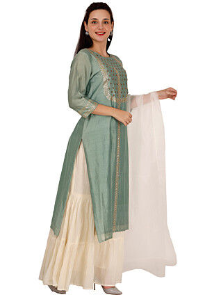 Embroidered Chanderi Silk Pakistani Suit in Dusty Green