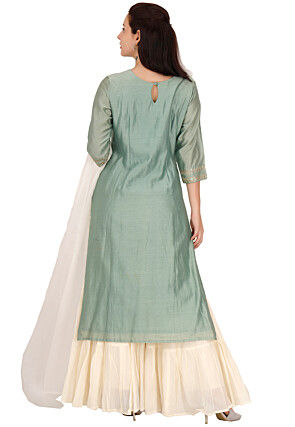 Embroidered Chanderi Silk Pakistani Suit in Dusty Green