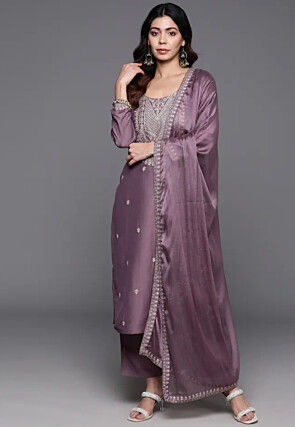 Embroidered Chanderi Silk Pakistani Suit in Dusty Purple