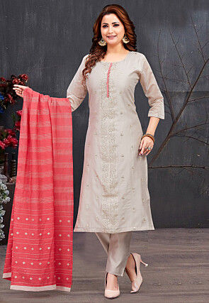 Embroidered Chanderi Silk Pakistani Suit in Fawn