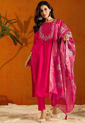 Embroidered Chanderi Silk Pakistani Suit in Fuchsia