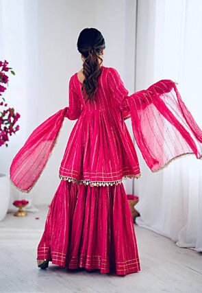 Embroidered Neckline Chanderi Silk Pakistani Suit in Fuchsia