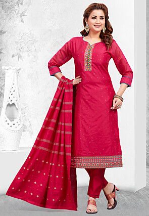 Embroidered Chanderi Silk Pakistani Suit in Fuchsia