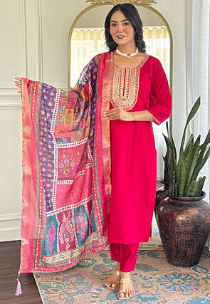 Embroidered Chanderi Silk Pakistani Suit in Fuchsia