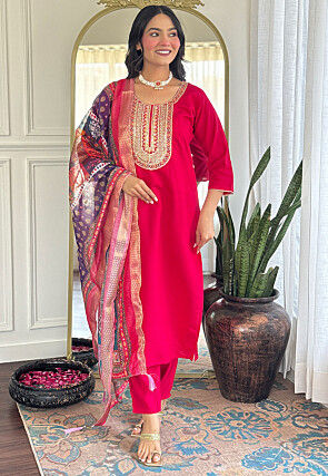 Embroidered Chanderi Silk Pakistani Suit in Fuchsia