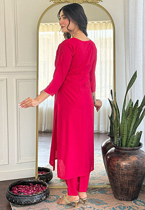 Embroidered Chanderi Silk Pakistani Suit in Fuchsia
