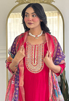 Embroidered Chanderi Silk Pakistani Suit in Fuchsia