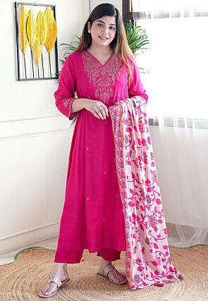 Embroidered Chanderi Silk Pakistani Suit in Fuchsia