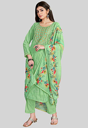 Embroidered Chanderi Silk Pakistani Suit in Green