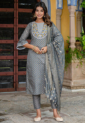 Embroidered Chanderi Silk Jacquard Pakistani Suit in Grey