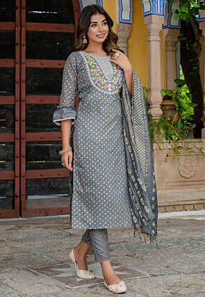 Embroidered Chanderi Silk Jacquard Pakistani Suit in Grey