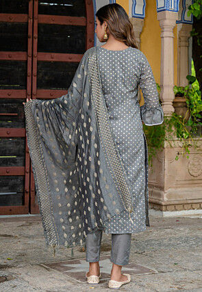 Embroidered Chanderi Silk Jacquard Pakistani Suit in Grey
