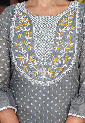Embroidered Chanderi Silk Jacquard Pakistani Suit in Grey