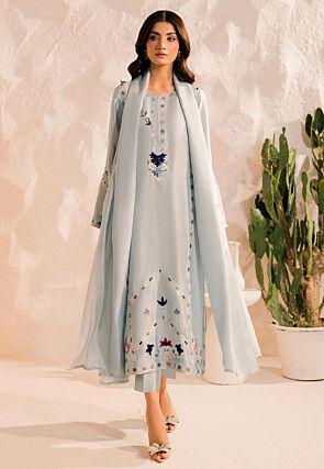 Embroidered Chanderi Silk Pakistani Suit in Grey