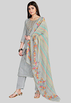 Embroidered Chanderi Silk Pakistani Suit in Grey