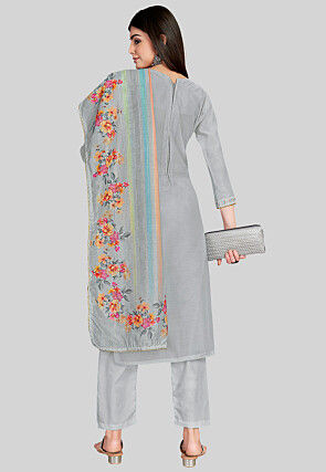 Embroidered Chanderi Silk Pakistani Suit in Grey
