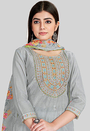 Embroidered Chanderi Silk Pakistani Suit in Grey