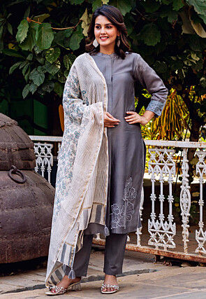 Embroidered Chanderi Silk Pakistani Suit in Grey