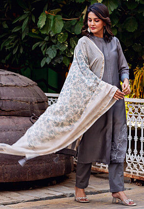 Embroidered Chanderi Silk Pakistani Suit in Grey