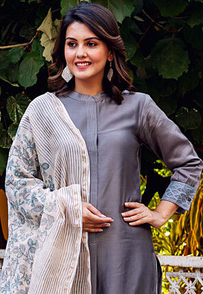 Embroidered Chanderi Silk Pakistani Suit in Grey