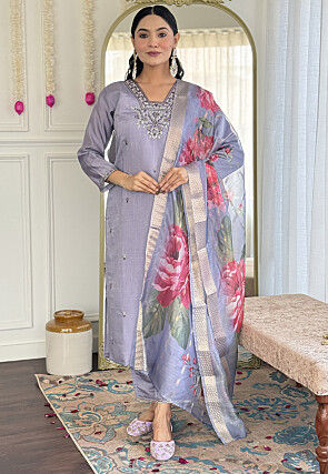 Embroidered Chanderi Silk Pakistani Suit in Grey