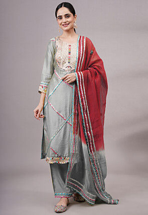 Embroidered Chanderi Silk Pakistani Suit in Grey